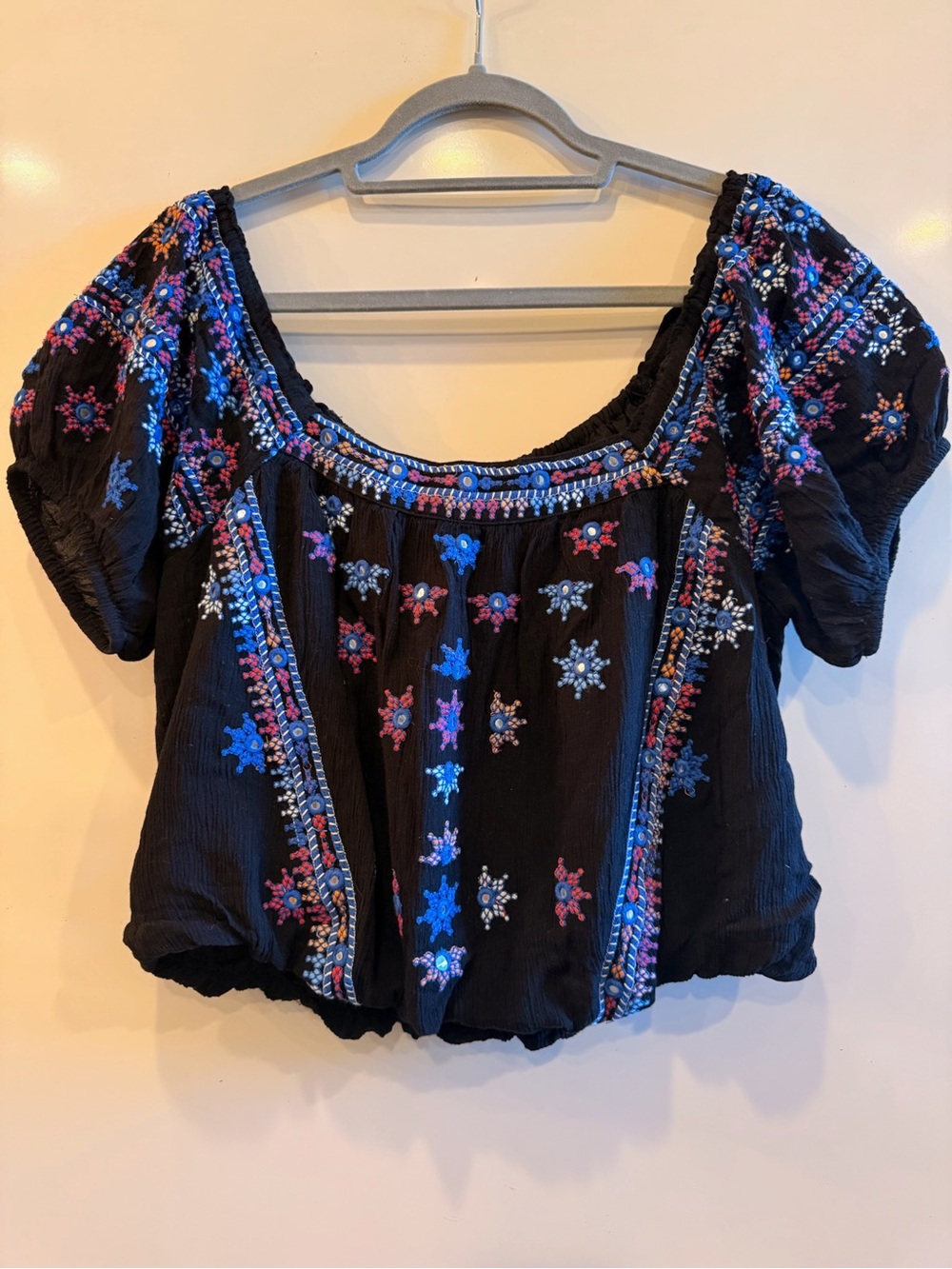 Free People Black Peasant Top with Blue & Pink Embroidery